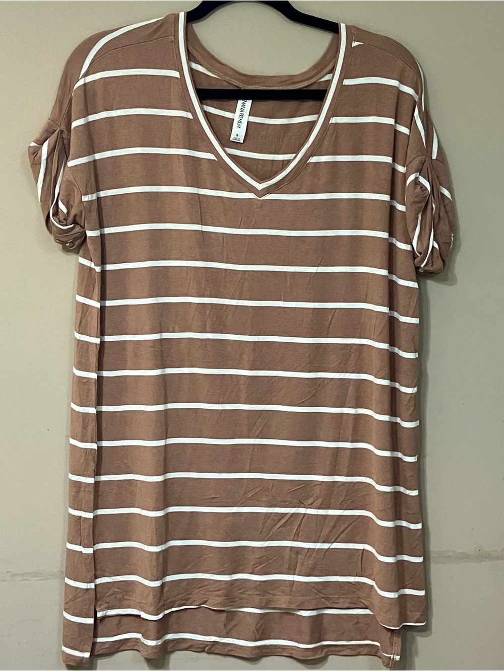 Zenana Outfitters Brown & White Striped V‑Neck Tunic